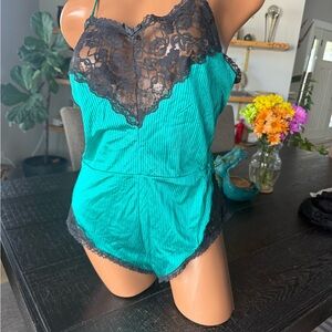 Vintage 80s Teal Lace Teddy Romper Black Lace Trim Sheer Bodysuit Pinstripe S